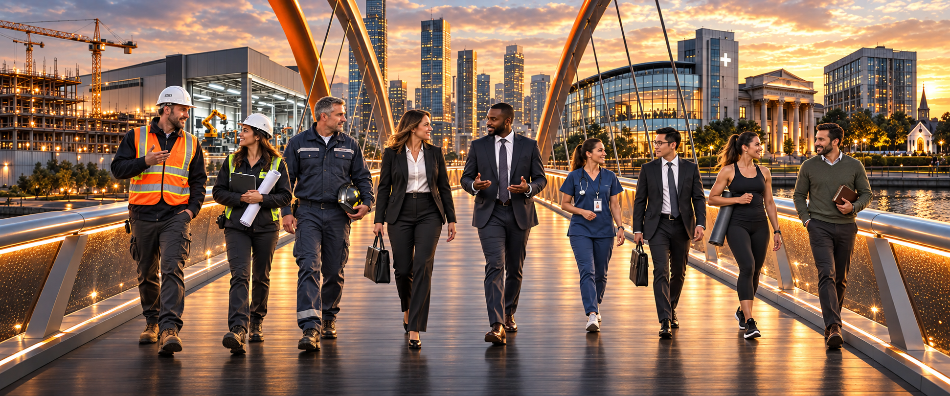 Professionals from construction, manufacturing, business, healthcare, finance, fitness, and ministry crossing a modern illuminated bridge